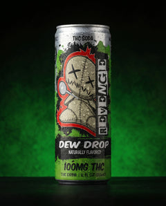 A single can of Revenge brand 'Dew Drop' naturally flavored THC soda, featuring a green and black label with a stitched voodoo doll graphic, set against a dark background with a green glow.