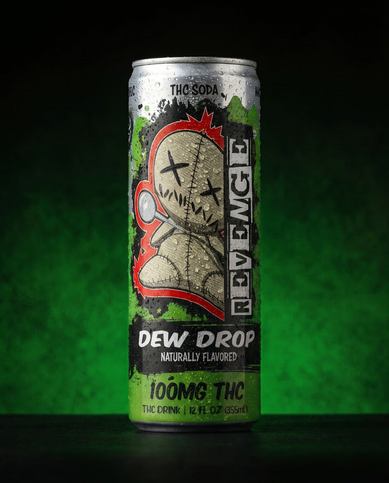 A single can of Revenge brand 'Dew Drop' naturally flavored THC soda, featuring a green and black label with a stitched voodoo doll graphic, set against a dark background with a green glow.