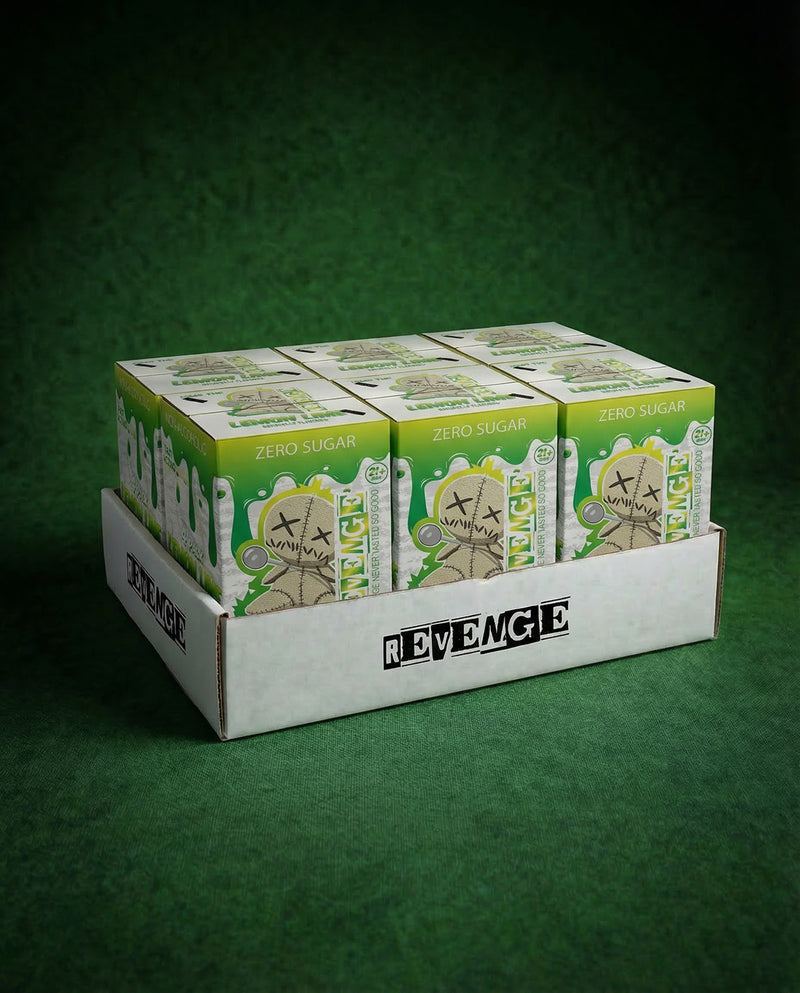 Carton of Revenge energy drinks on a green background