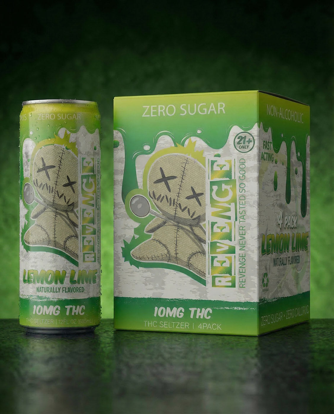 Revenge Lemon Lime THC product with packaging on a green background