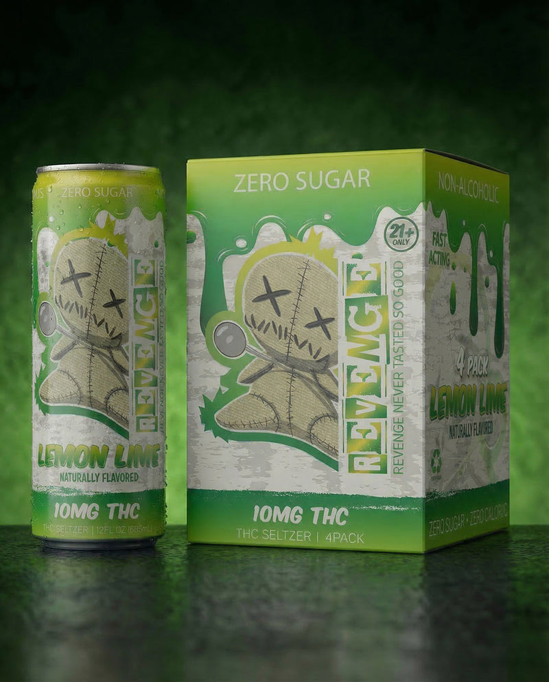 Revenge Lemon Lime THC product with packaging on a green background