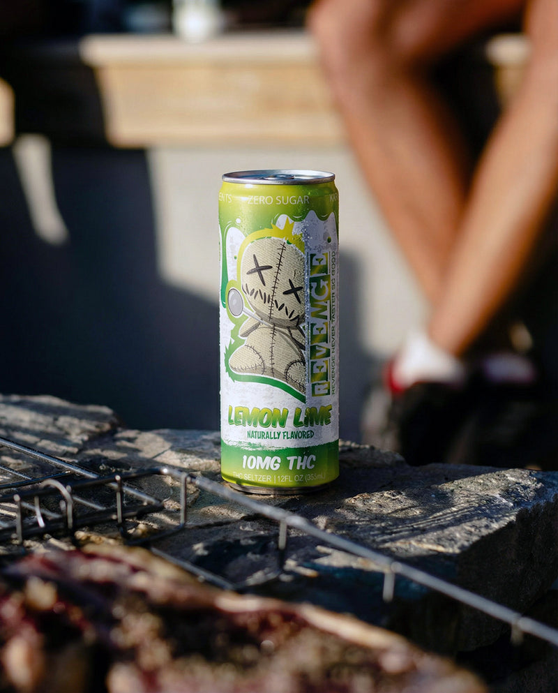Cannabis-infused lemonade can on a grill with a blurred background